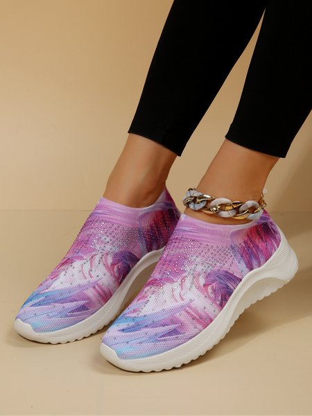 

Pink Blue Abstract Graphics Rhinestones Breathable Flyknit Sneakers, Sneakers