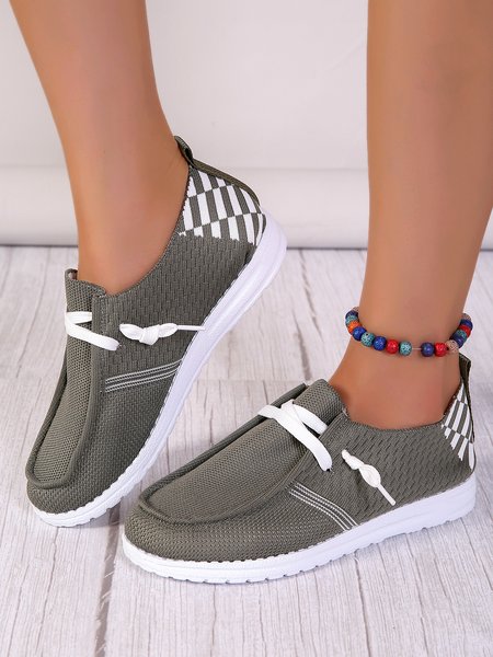 

Breathable Twill Checkerboard Graphic Loafer Lace-up Flats, Army green, Flats