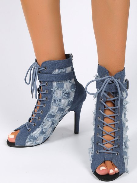

Denim Checkerboard Spike Peep Toe Stiletto Sandal Boots, Blue, Boots