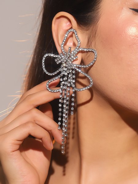 

Flower Rhinestone Tassel Party Earrings, As picture, Earrings