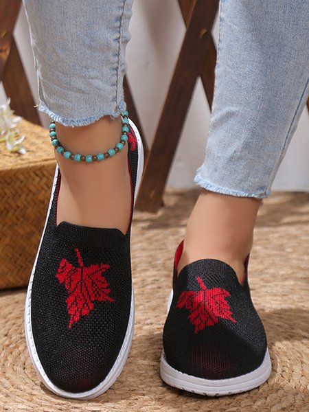 

Casual Leaf Breathable Slip On Flyknit Sneakers, Black, Sneakers