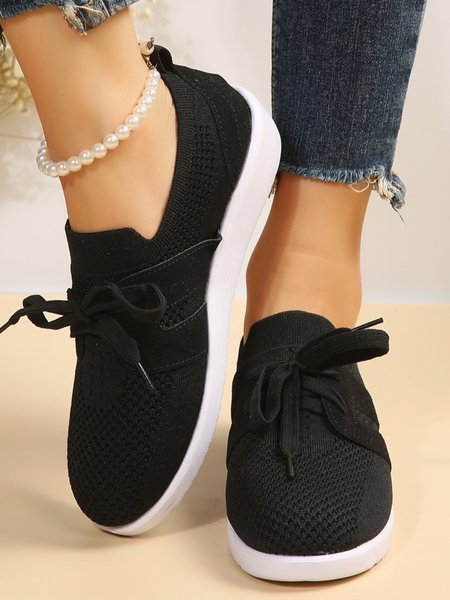 Casual Breathable Lace-Up Decor Flyknit Slip On Sneakers, Black, Sneakers