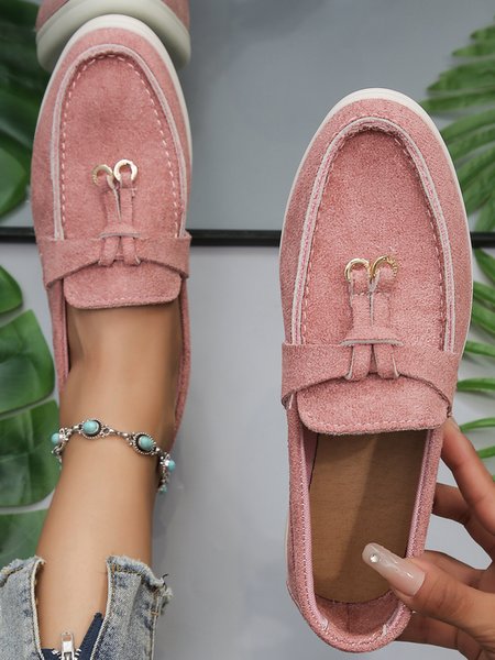 

Solid Color Metal Ring Design Faux Suede Casual High Elastic Soft Loafers, Pink, Flats