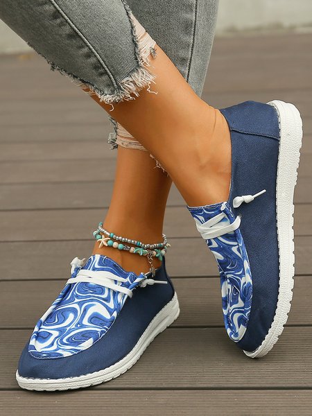 

Blue Abstract Wave Graphics Casual Canvas Flats, Flats