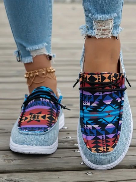 

Blue Aztec Ethnic Graphic Canvas Flats, Flats