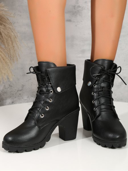 

Solid Faux Leather Urban Lapel Collar Block Heel Lace-Up Booties, Black, Boots