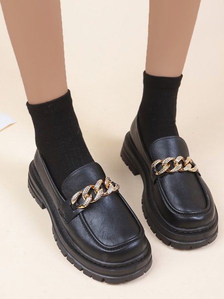 

Rhinestone Metal Chunky Chain Urban Black Leather Platform Loafers, Flats