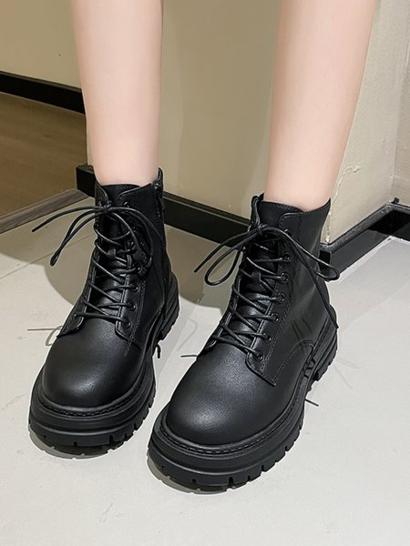 

Solid Faux Leather Platform Straight Boots, Black, Boots
