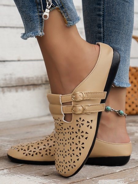 

Double Buckle Decor Casual Hollow Out Comfy Mules, Apricot, Flats