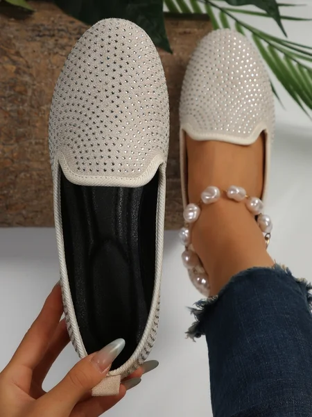 

Women Minimalist Rhinestone Slip On Shoes, Off white, Flats