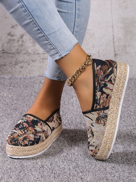 

Women Vacation Floral Platform Espadrille Shoes, Black, Flats