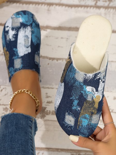 

Casual Color Block Graffiti Ripped Canvas Mules, Blue, Flats