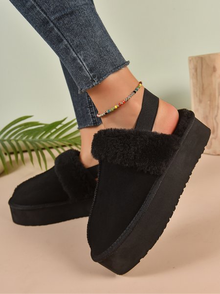 

Casual Faux Suede Warmth Furry Platform Slingback Shoes, Black, Flats