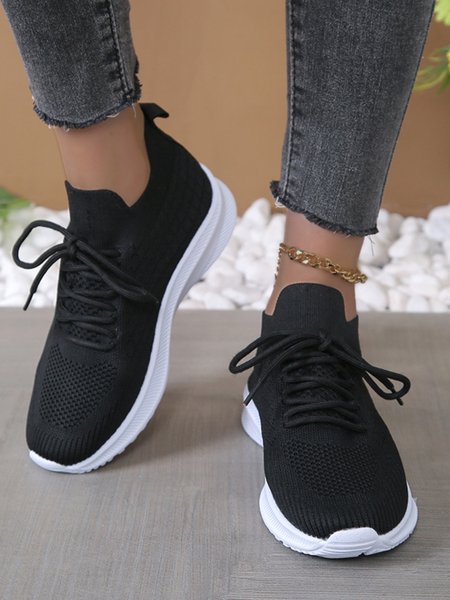 

Women Plaid Lace-Up Decor Breathable Slip On Flyknit Sneakers, Black, Sneakers