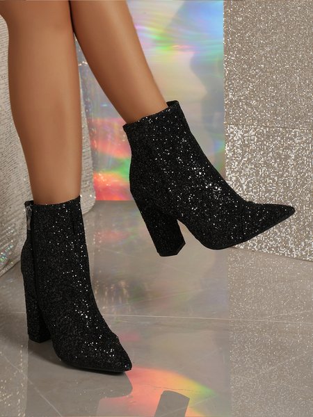 

Sequins Party Chunky Heel Fashion Boots, Black, Boots