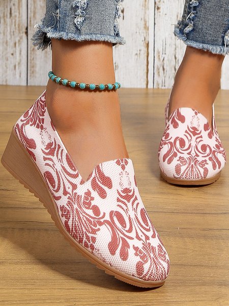 

Ethnic Pattern Mesh Fabric Wedge Heel Comfy Slip On Shoes, As picture, Flats