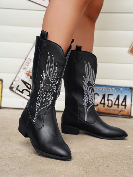 

Women Embroidery Slip On Western Boots, Black, Boots