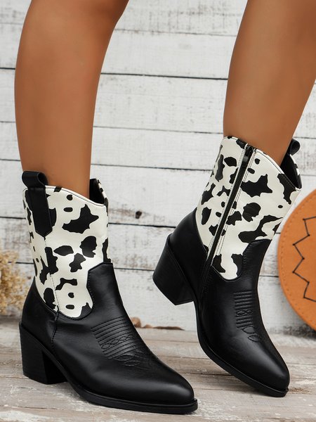 

Women Cow Pattern Block Heel Slip On Western Boots, Black, Boots