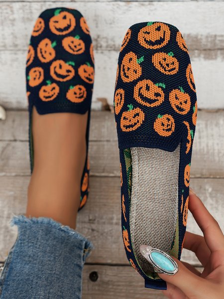 

Halloween Pumpkin Head Casual Square Toe Mesh Fabric Shoes, Black, Flats