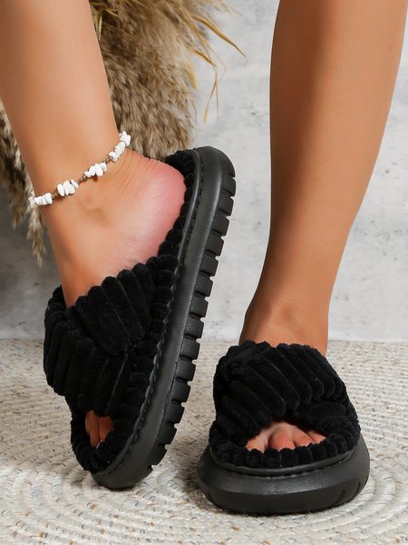 

Casual Cross Strap Comfy Fluffy Slippers, Black, Sandals & Slippers