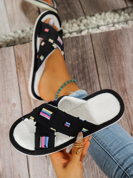 

Ripped Cross Strap Canvas House Slippers, Black, Slippers