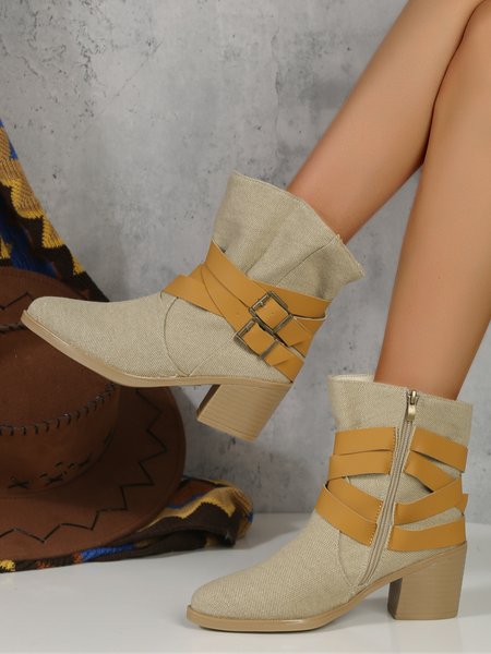 

Women Color Block Buckle Strap Canvas Block Heel Boots, Beige, Boots