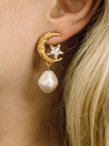 

Star and Moon Rhinestone Elegant Imitation Pearl Dangle Earrings, As picture, Earrings