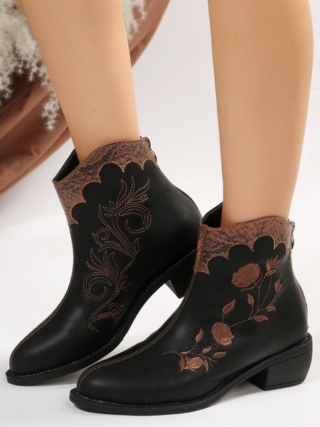 

Floral Embroidery Snakeskin Paneled Slip On Western Boots, Black, Boots