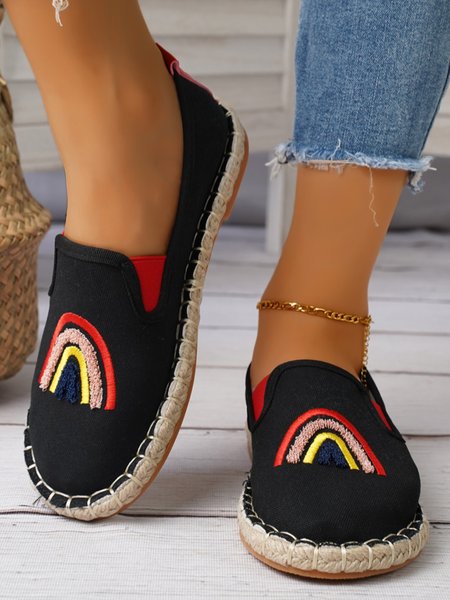 

Rainbow Embroidery Flat Slip On Espadrille Shoes, Black, Flats