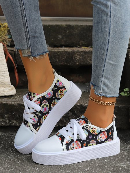 

Halloween Skull Lace-Up Platform Canvas Shoes, Black, Sneakers