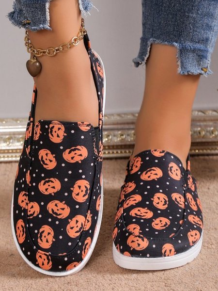 

Halloween Pumpkin Ghost Face Slip On Canvas Shoes, Black, Flats