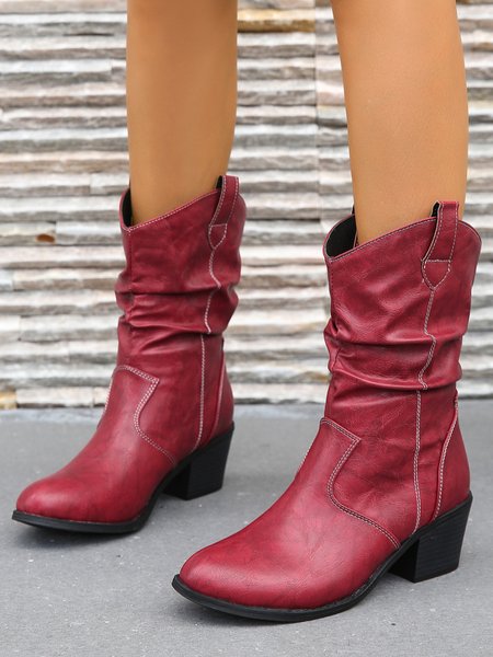 

Women Vintage Block Heel Slip On Western Boots, Red, Boots