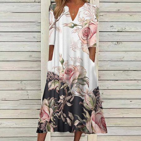 

Loose Floral Notched Casual Dress With No, Pink, Dresses
