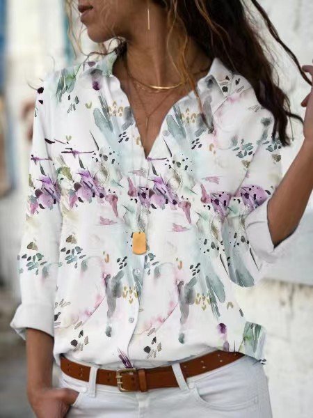

Floral Printing Boho Shirt Collar Floral Blouse, White, Shirts & Blouses