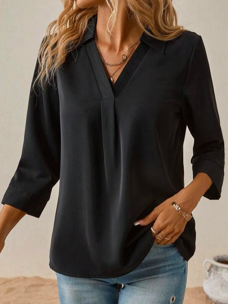 

Plain V Neck Loose Casual Blouse, Black, Shirts & Blouses