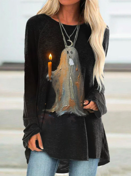 

Loose Halloween Casual Crew Neck Ghost With Candle Printed T-Shirt, Black, T-Shirts
