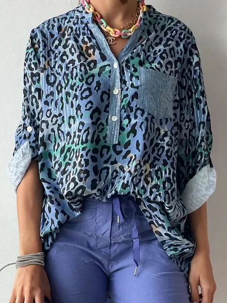 

Stand Collar Casual Loose Shirt, Blue, Shirts & Blouses