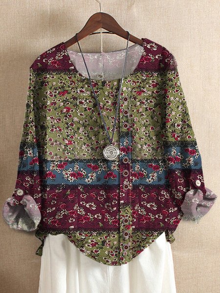 

Crew Neck Casual Buckle Floral Shirt, Brown, Shirts & Blouses