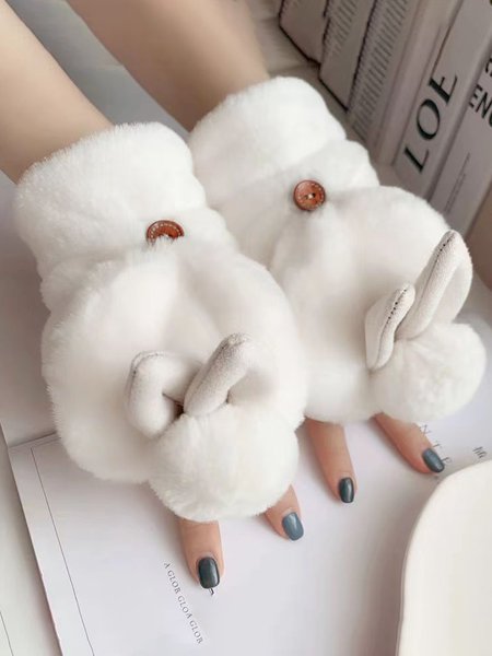 

Cute Rabbit Ears Warm Faux Rabbit Fur Mittens, White, Women Gloves