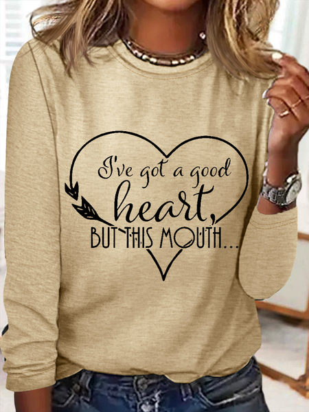 

Women's I'Ve Got A Good Heart But This Mouth Casual Cotton-Blend Long Sleeve Shirt, Khaki, Long sleeves