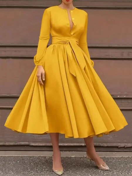 

Regular Fit Crew Neck Long Sleeve Plain Elegant Dress With Belt, Yellow, Midi Dresses