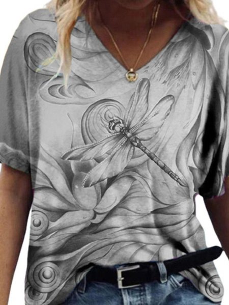 

Raglan Sleeve Vintage V Neck Printing Dragonfly T-Shirt, Gray, T-Shirts