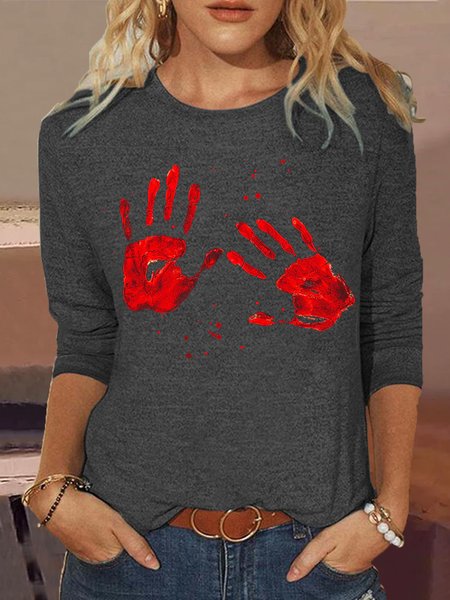 

Women's Blood Hand Print Halloween Casual Regular Fit Crew Neck Shirt, Gray, Long sleeves