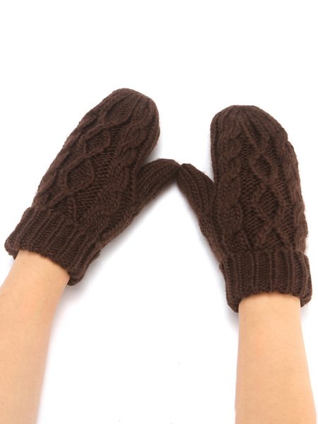 

Solid Color Casual Knit Fleece Warm Mittens, Coffee, Women Gloves