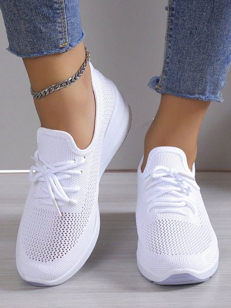 

Casual Lace-up Decor Breathable Flyknit Wedge Heel Slip On Sneakers, White, Sneakers