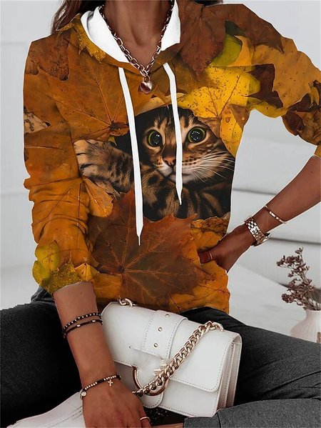 

Loose Casual Cat Hoodie Hoodie, Brown, Sweatshirts & Hoodies