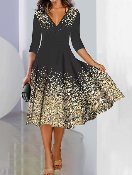 

V Neck Regular Fit Casual Ombre Dress, Black, Dresses