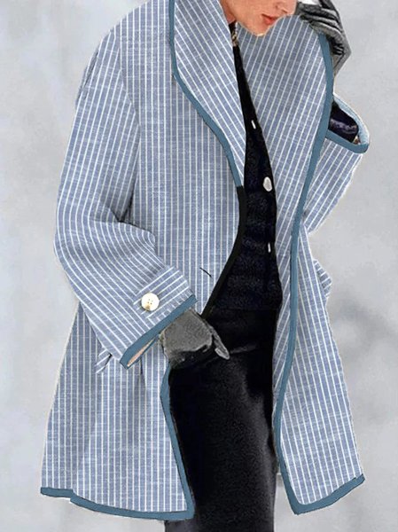 

Casual Shawl Collar Striped Coat, Stripe, Trench Coats