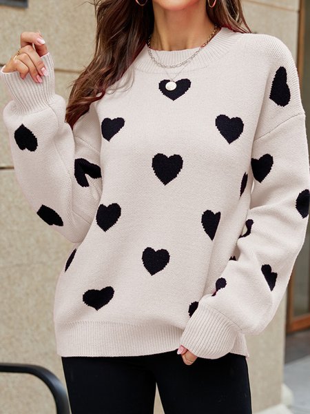 

Heart/Cordate Crew Neck Casual Loose Sweater, Off white, Sweaters