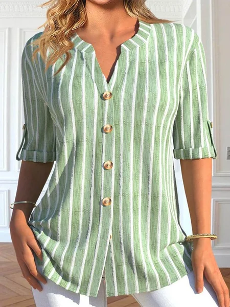 

Plus Size Striped Notched Buttoned Casual Long Sleeve Blouse, Green, Shirts & Blouses